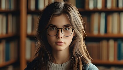 Hyper-realistic portrayal of a student immersed in a library environment, surrounded by books and study materials.