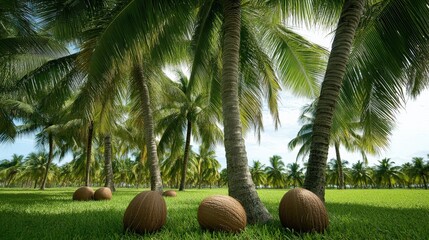 A grove of market-ready coconuts trees (Cocos nucifera), with fruit ready for picking