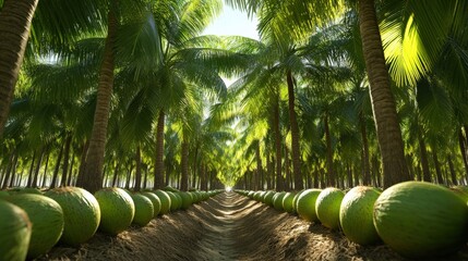 A grove of market-ready coconuts trees (Cocos nucifera), with fruit ready for picking