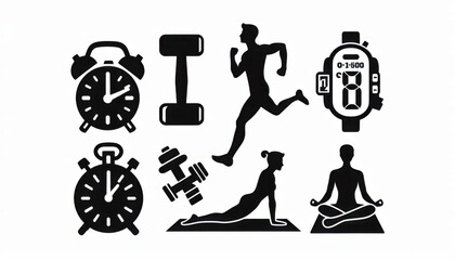 gym equipment and people doing exercise icon set