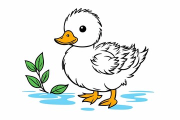 Wall Mural - Cartoon White Duckling with Orange Beak and Webbed Feet