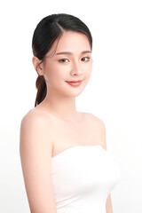 Wall Mural - Beautiful young asian woman with clean fresh skin on white background, Face care, Facial treatment, Cosmetology, beauty and spa, Asian women portrait.