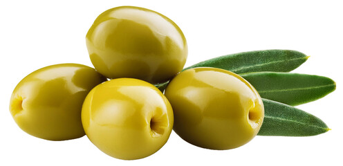 pile of green olives with leaves isolated background