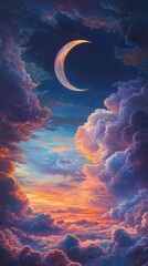 Sticker - Crescent moon with colorful clouds at sunset