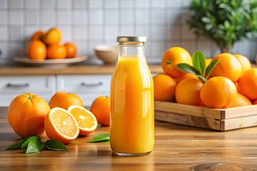 A glass bottle of orange juice sits on a wooden table next to a bowl of oranges