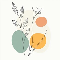 Poster - A minimalist design showcasing delicate line art of leaves and flowers, complemented by soft, abstract shapes in soothing pastel hues