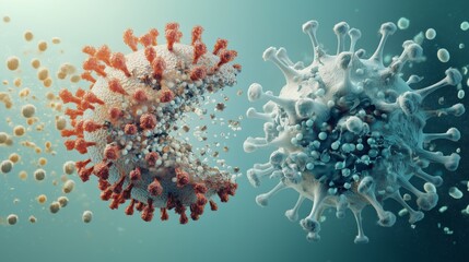 3D illustration of virus mutation showing two contrasting viral particles interacting. Concept of viral evolution, mutation, and infection dynamics in microscopic view.