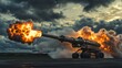 © AMAN JAYA - A large military cannon fires a projectile, sending a plume of smoke and fire into the air.
