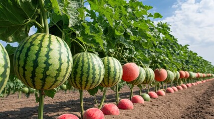 A grove of market-ready watermelon trees (Citrullus lanatus), with ripe fruit ready for picking