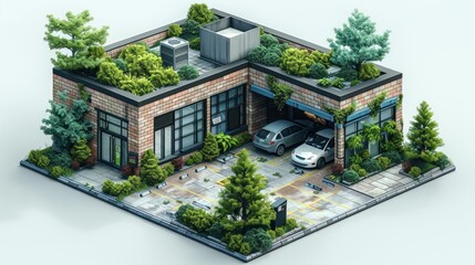 Wall Mural - Modern Brick Building with Green Roof and Parking