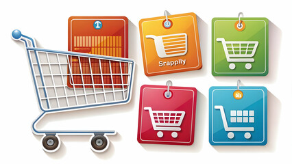 A series of icons for e-commerce, featuring shopping carts, credit cards, and price tags