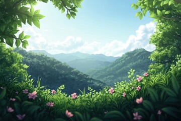 A serene landscape featuring lush hills, vibrant flowers, and a clear blue sky, perfect for nature lovers and outdoor enthusiasts.