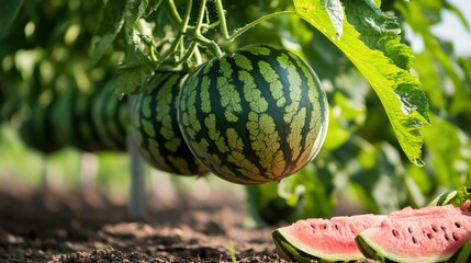 A grove of market-ready watermelon trees (Citrullus lanatus), with ripe fruit ready for picking