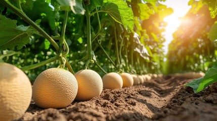 grove of market-ready Cantaloupe melon fresh, bright (Cucumis melo) trees Herbaceous plants that last only one season.