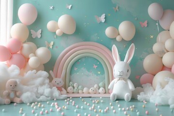 Wall Mural - A white rabbit is sitting on a fluffy rug in front of a rainbow