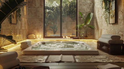 Indoor jacuzzi surrounded by natural stone tiles, soft lighting and soothing aromatherapy aroma