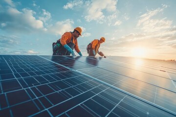 Men technicians carrying photovoltaic solar moduls on roof of factory on the morning. Installing a Solar Cell on a Roof. Solar panels on roof. Workers installing solar cell power plant eco , ai