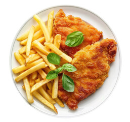 Plate with French fries and chicken schnitzel isolated on transparent background