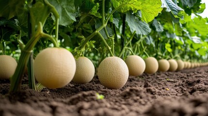 grove of market-ready Cantaloupe melon fresh, bright (Cucumis melo) trees Herbaceous plants that last only one season.