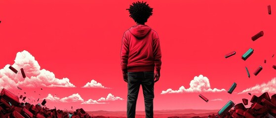 A young boy stands against a vibrant red backdrop, symbolizing imagination and adventure. A captivating scene for creative projects.