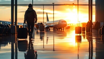 Dynamic Morning Journey Through a Bustling Airport with Luggage, Reflective Floors and Sunlight Streaming, Capturing the Essence of Travel and Adventure