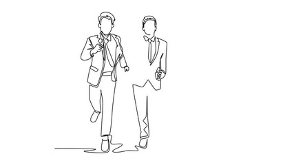 Wall Mural - Self drawing animation of single line draw group of businessman or male workers running to get to office on time. Urban man employee in rush hour concept. Continuous line draw. Full length animated