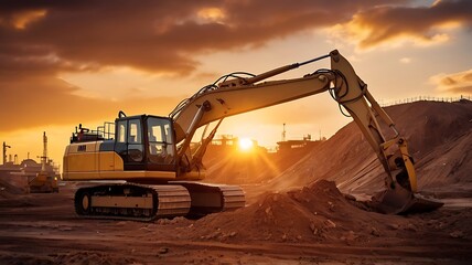 Heavy equipment operating in a mine, an industrial excavator on a building site at dusk