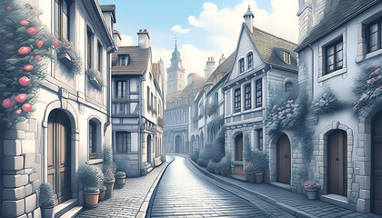 Wall Mural - Ancient European cityscape, cobbled streets with black and white architecture