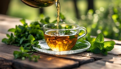 Wall Mural - Refreshing herbal tea being poured into a glass cup surrounded by fresh mint on a wooden table outdoors, perfect for relaxation and health benefits