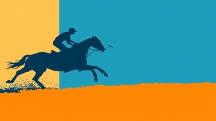 Wall Mural - Polo player silhouette riding a horse and swinging a mallet in mid-action with dust trails symbolizing precision and control Large space for text in center Stock photo with copy space