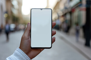 A person is holding a smartphone with a white empty screen for mobile application mockup. The cell phone is in a hand and the person is looking at it.