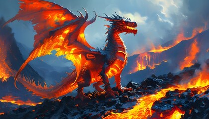 Wall Mural - Majestic fire dragon perched on volcanic terrain, wings outstretched, bathed in the glow of molten lava in a breathtaking fantasy landscape