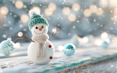 Wall Mural - A charming snowman adorned with a green hat and scarf, surrounded by sparkling decorations and a wintery backdrop.