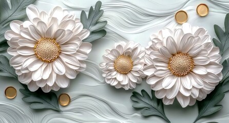 Poster - An isolated set of pink chrysanthemum blooms, buds, and leaves, cut-out floral gardens or seasonal summer design elements, top view / flat layout