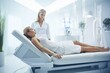 © Iona - A woman in a spa lies peacefully on a futuristic treatment bed while another woman, in a white coat, stands nearby, evoking a serene wellness setting.
