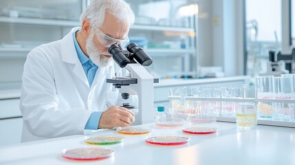 Researcher in a sterile lab coat studying microorganisms in petri dishes under advanced microscopes