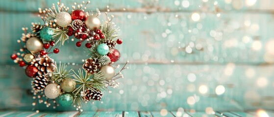 A festive Christmas wreath adorned with colorful ornaments and pinecones against a rustic wooden background.