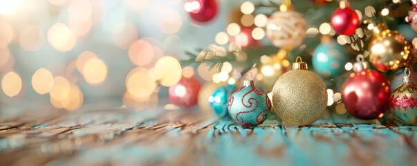 Canvas Print - A festive composition of colorful Christmas ornaments and soft bokeh lighting, perfect for holiday-themed designs and decorations.