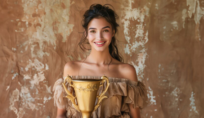 Against a warm orange and brown background, a cheerful young woman in casual attire holds a gold trophy, her bright smile conveying celebration and success.