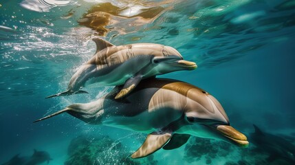 Dolphins swimming gracefully underwater, their sleek bodies gliding through the clear blue ocean. The sunlight filtering through the water enhances the beauty of this aquatic scene.