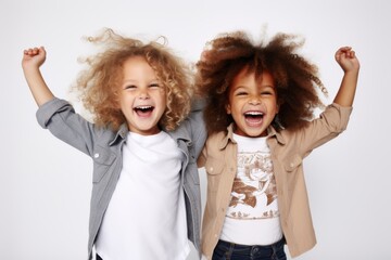 Two children, with curly hair, enthusiastically posing with arms raised, embodying pure joy and exuberance.