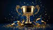 © Dreamlike - Winner trophy cup, golden prize of winning with glitter and particles around on navy blue background