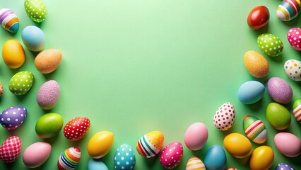 Wall Mural - Flatlay of colorful easter egg on green background