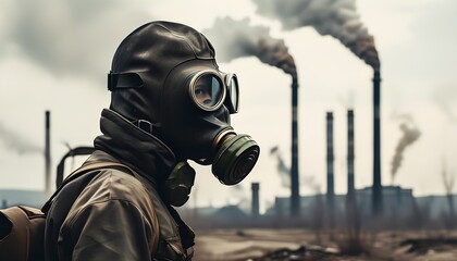 Wall Mural - Surreal figure in gas mask amidst desolate industrial scenery, enveloped in smoke, evoking a haunting post-apocalyptic world