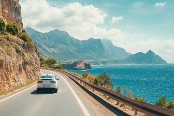 White car driving on the coastal road. road landscape in summer. it's nice to drive on beach side highway. Highway view on the coast on the way to summer vacation. Spain trip on beautiful travel , ai