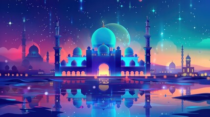 Illustration of a beautiful mosque with beautiful moonlight AI generated image