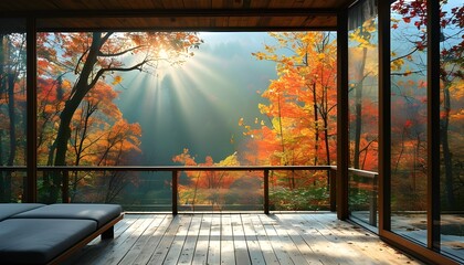 Serene autumn forest vista through expansive glass windows on a wooden balcony, highlighting vibrant foliage bathed in sunlight