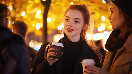 Two women are standing outside on a street, one of them holding a cup of coffee