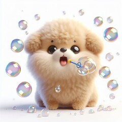 Wall Mural - A 3D fluffy cute Dog blowing bubbles, with a playful expression. The Dog has fluffy fur, large round eyes, and a happy smile. The bubbles float around it in