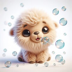 Wall Mural - A 3D fluffy cute Camel blowing bubbles, with a playful expression. The camel has fluffy fur, large round eyes, and a happy smile. The bubbles float around it in